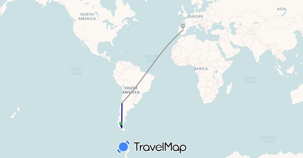 TravelMap itinerary: driving, bus, plane in Argentina, Chile, Spain (Europe, South America)